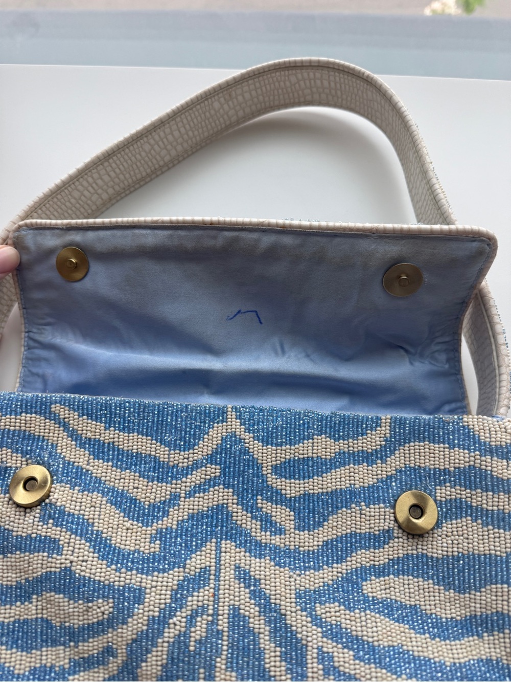 STAUD Blue and Cream Tommy Beaded Zebra-Print Shoulder Bag - Picture 6 of 7